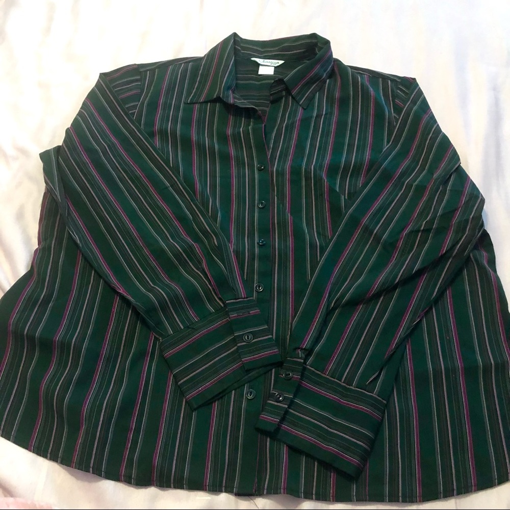 Jessica Plus Women’s Long Sleeve Blouse Black & Magenta Vertical Stripes Size 3X